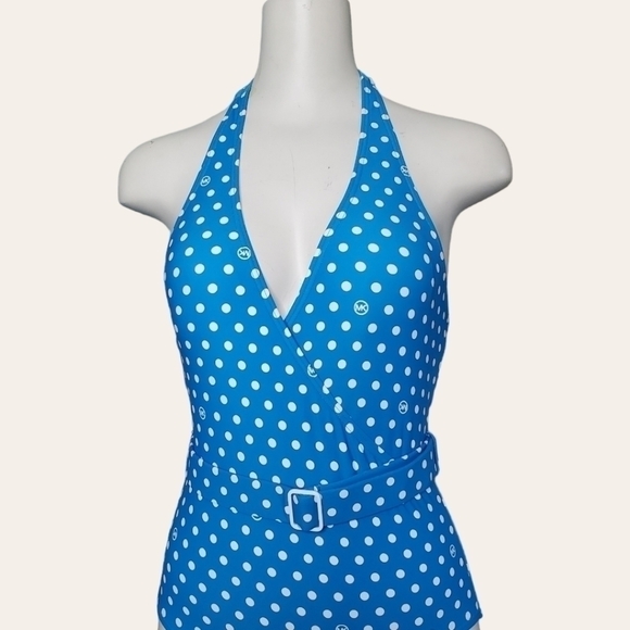 MICHAEL KORS blue Dot Belted Halter One-Piece Swimsuit Size 8 - Picture 5 of 8